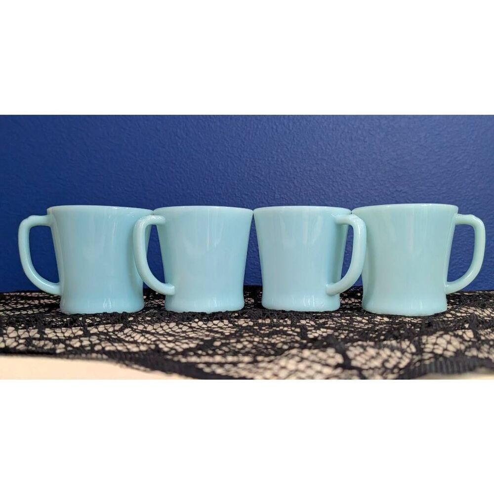 Vintage Fire-King Delphite Blue D-Handle Mugs Set of 4 Made in USA Milk Glass